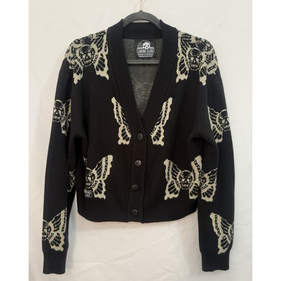 Lurking Class Sweaters - Lurking Class Butterfly Skull Design Black Cardigan Sweater Womens Size L